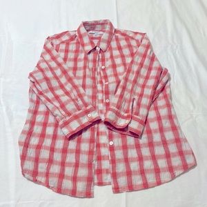 Pink and white plaid button down shirt